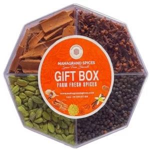 Spice box from Maha Grand Spices containing premium Kerala spices like cardamom, black pepper, cinnamon, and cloves in an elegant gift package.